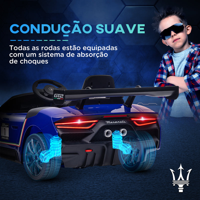 Carro Elétrico para Crianças acima de 3 Anos Carro Maserati GT2 Carro Elétrico a Bateria 12V Carro Elétrico para Crianças com Controlo Remoto Faróis LED Buzina Música e Rodas Auxiliares 115x60x45 cm Azul