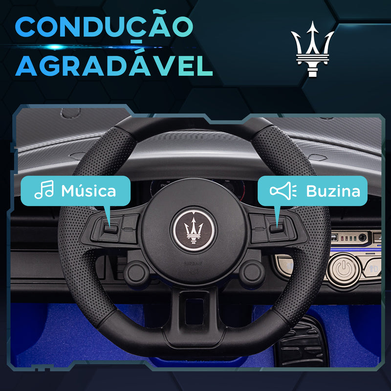 Carro Elétrico para Crianças acima de 3 Anos Carro Maserati GT2 Carro Elétrico a Bateria 12V Carro Elétrico para Crianças com Controlo Remoto Faróis LED Buzina Música e Rodas Auxiliares 115x60x45 cm Azul