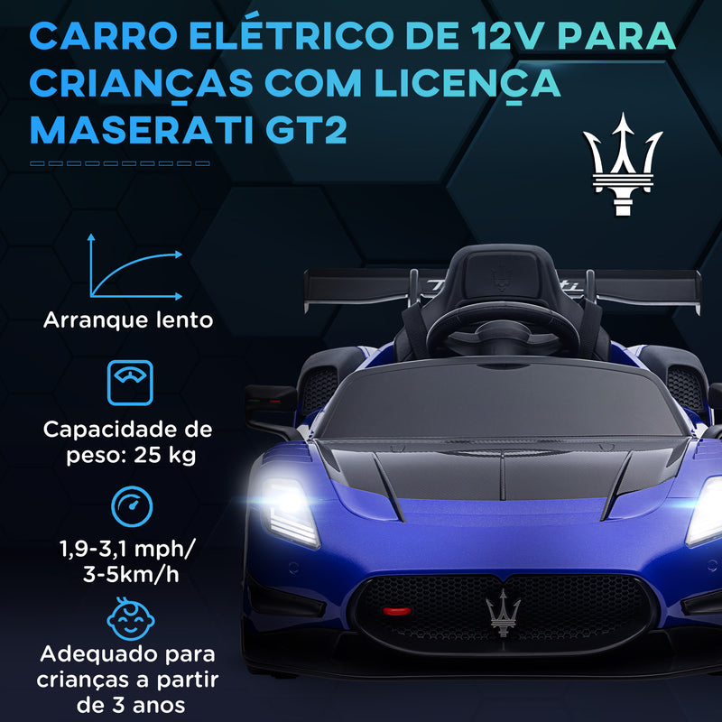 Carro Elétrico para Crianças acima de 3 Anos Carro Maserati GT2 Carro Elétrico a Bateria 12V Carro Elétrico para Crianças com Controlo Remoto Faróis LED Buzina Música e Rodas Auxiliares 115x60x45 cm Azul