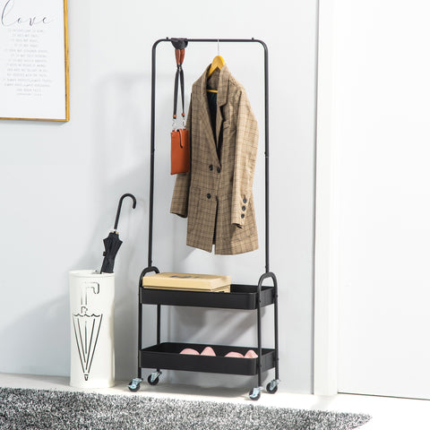 Charriot com Sapateiro Charriot com Rodas Barra de Pendurar e 2 Cestos para Entrada Dormitório Sala de Estar 56,5x31,5x152,5cm Preto