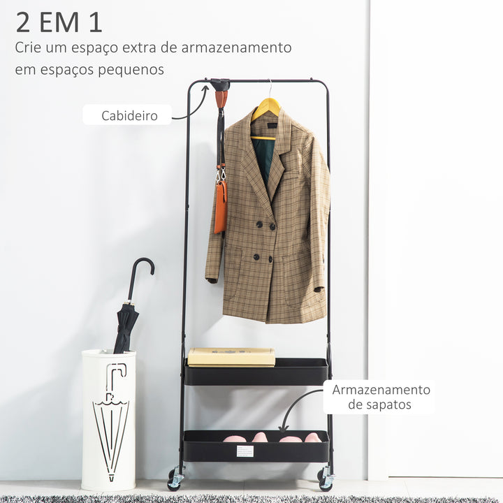 Charriot com Sapateiro Charriot com Rodas Barra de Pendurar e 2 Cestos para Entrada Dormitório Sala de Estar 56,5x31,5x152,5cm Preto