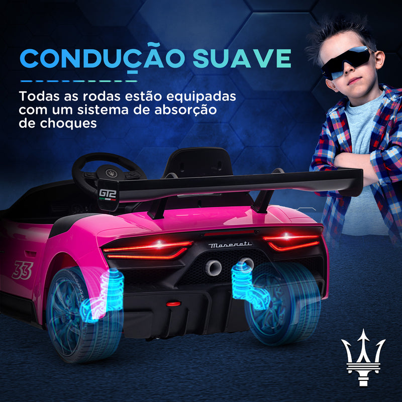 Carro Elétrico para Crianças acima de 3 Anos Carro Maserati GT2 Carro Elétrico a Bateria 12V Carro Elétrico para Crianças com Controlo Remoto Faróis LED Buzina Música e Rodas Auxiliares 115x60x45 cm Rosa