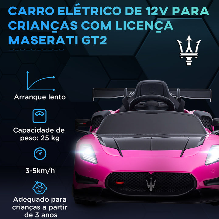 Carro Elétrico para Crianças acima de 3 Anos Carro Maserati GT2 Carro Elétrico a Bateria 12V Carro Elétrico para Crianças com Controlo Remoto Faróis LED Buzina Música e Rodas Auxiliares 115x60x45 cm Rosa
