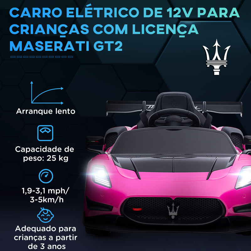 Carro Elétrico para Crianças acima de 3 Anos Carro Maserati GT2 Carro Elétrico a Bateria 12V Carro Elétrico para Crianças com Controlo Remoto Faróis LED Buzina Música e Rodas Auxiliares 115x60x45 cm Rosa