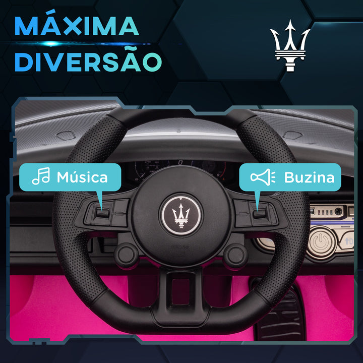 Carro Elétrico para Crianças acima de 3 Anos Carro Maserati GT2 Carro Elétrico a Bateria 12V Carro Elétrico para Crianças com Controlo Remoto Faróis LED Buzina Música e Rodas Auxiliares 115x60x45 cm Rosa