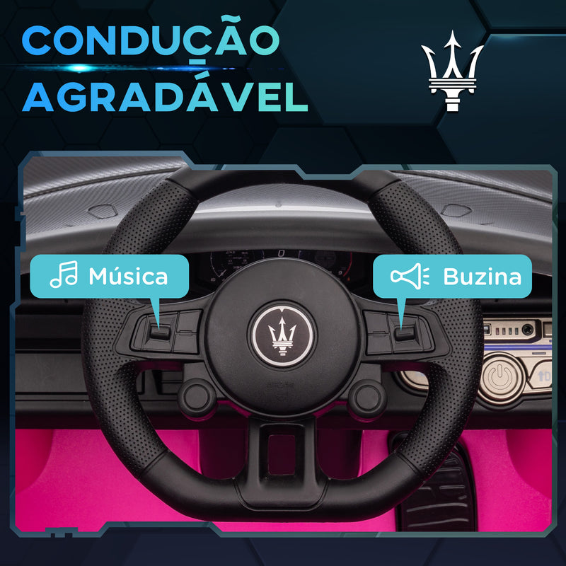 Carro Elétrico para Crianças acima de 3 Anos Carro Maserati GT2 Carro Elétrico a Bateria 12V Carro Elétrico para Crianças com Controlo Remoto Faróis LED Buzina Música e Rodas Auxiliares 115x60x45 cm Rosa