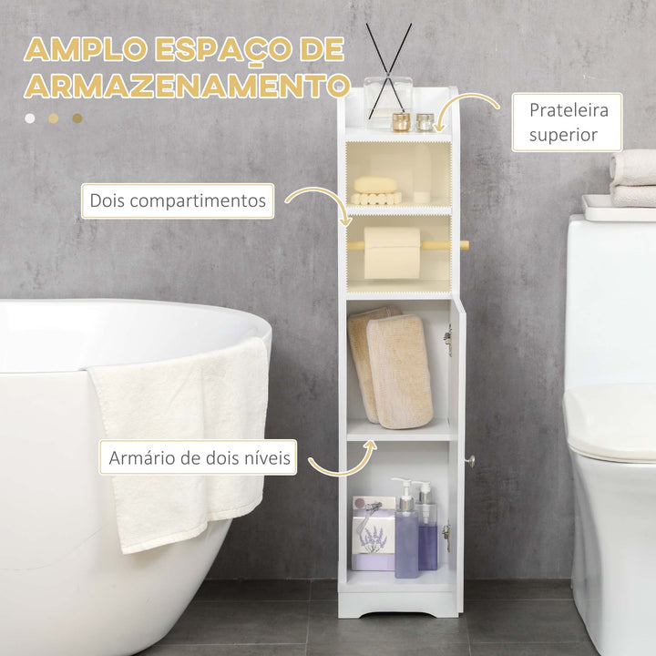 Armário Casa de Banho Armário Auxiliar Casa de Banho com Prateleira Ajustável e Suporte para Papel Higiênico 23x18x100 cm Branco