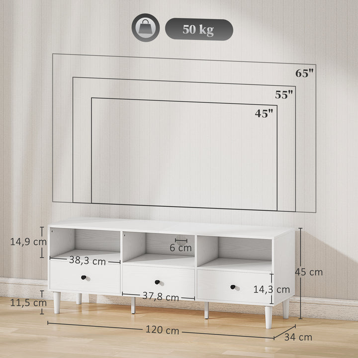 Móvel de TV Moderno Móvel de TV para Sala de Estar com 3 Compartimentos Abertos 3 Gavetas e Orifício para Cabos para Televisão de 45/55/65 Polegadas 120x34x45 cm Branco