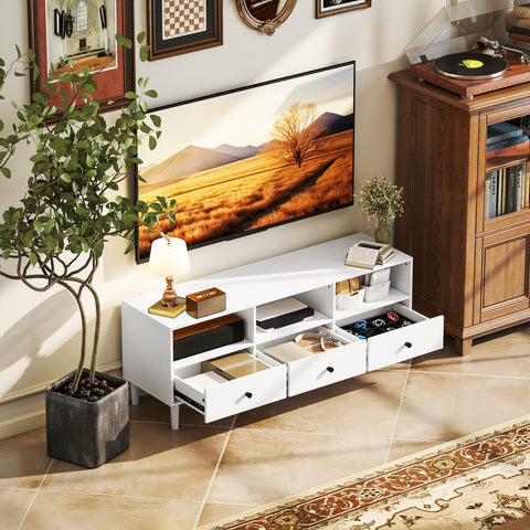 Móvel de TV Moderno Móvel de TV para Sala de Estar com 3 Compartimentos Abertos 3 Gavetas e Orifício para Cabos para Televisão de 45/55/65 Polegadas 120x34x45 cm Branco