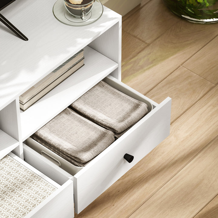 Móvel de TV Moderno Móvel de TV para Sala de Estar com 3 Compartimentos Abertos 3 Gavetas e Orifício para Cabos para Televisão de 45/55/65 Polegadas 120x34x45 cm Branco