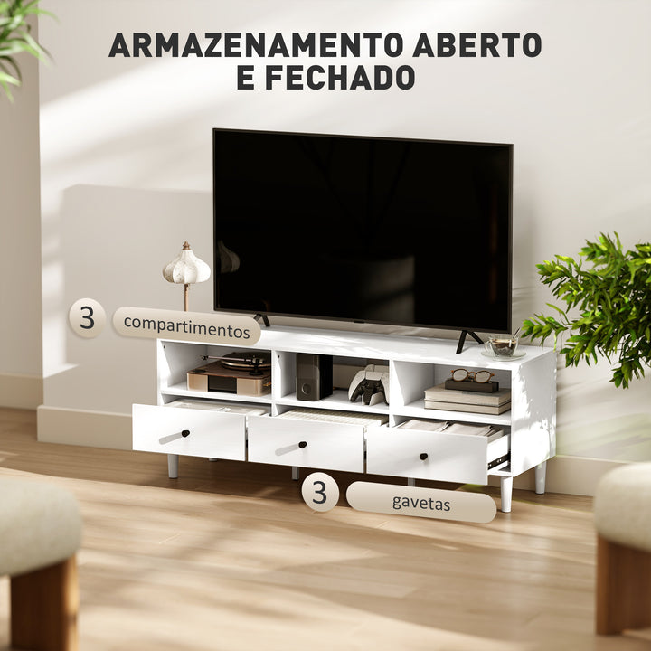 Móvel de TV Moderno Móvel de TV para Sala de Estar com 3 Compartimentos Abertos 3 Gavetas e Orifício para Cabos para Televisão de 45/55/65 Polegadas 120x34x45 cm Branco