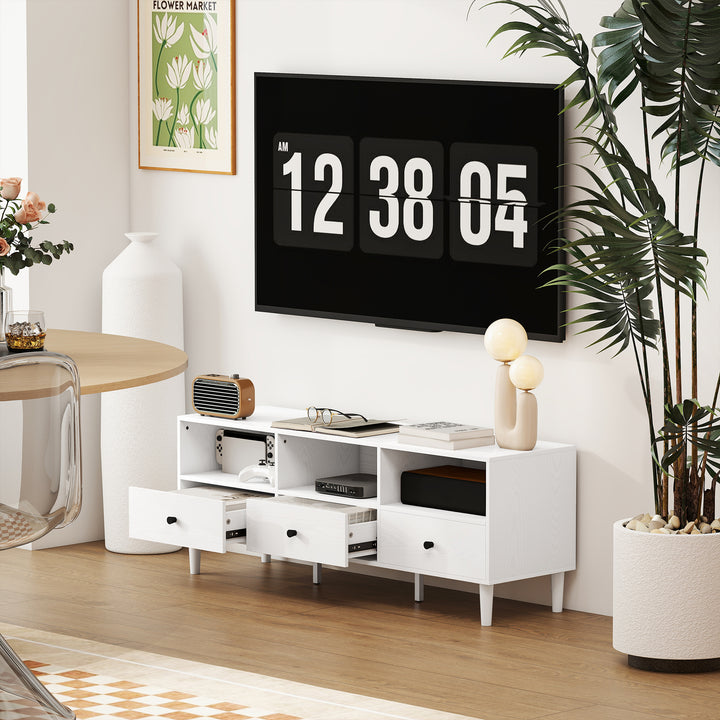 Móvel de TV Moderno Móvel de TV para Sala de Estar com 3 Compartimentos Abertos 3 Gavetas e Orifício para Cabos para Televisão de 45/55/65 Polegadas 120x34x45 cm Branco