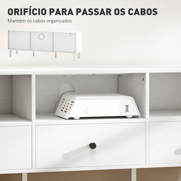 Móvel de TV Moderno Móvel de TV para Sala de Estar com 3 Compartimentos Abertos 3 Gavetas e Orifício para Cabos para Televisão de 45/55/65 Polegadas 120x34x45 cm Branco