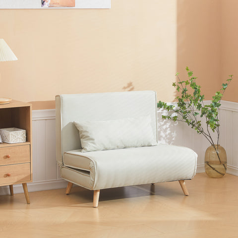 Sofá-cama estofado individual com almofada acolchoada e encosto ajustável em 3 posições Pernas dobráveis ocultas 95x95x80 cm Bege