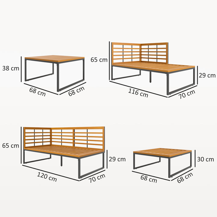 Conjunto de Jardim de 4 Peças Móveis de Exterior em Forma de L com 2 Sofás de 2 Lugares Sofá de Canto e Mesa de Centro em Madeira de Acácia com Almofadas Acolchoadas Cinza e Madeira