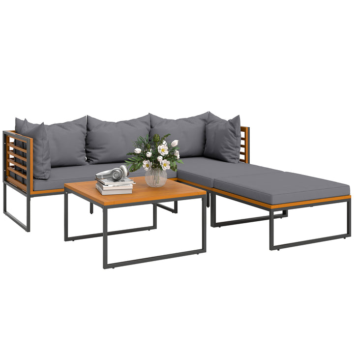 Conjunto de Jardim de 4 Peças Móveis de Exterior em Forma de L com 2 Sofás de 2 Lugares Sofá de Canto e Mesa de Centro em Madeira de Acácia com Almofadas Acolchoadas Cinza e Madeira