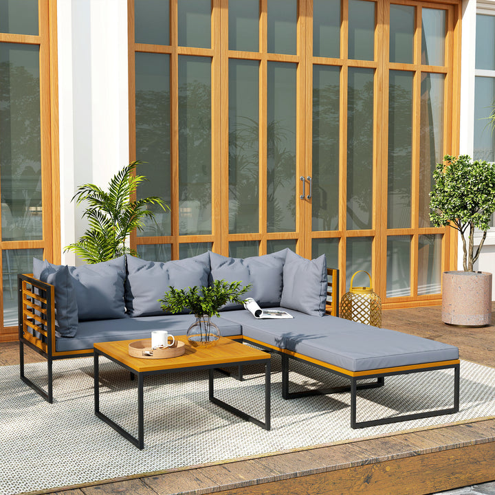 Conjunto de Jardim de 4 Peças Móveis de Exterior em Forma de L com 2 Sofás de 2 Lugares Sofá de Canto e Mesa de Centro em Madeira de Acácia com Almofadas Acolchoadas Cinza e Madeira