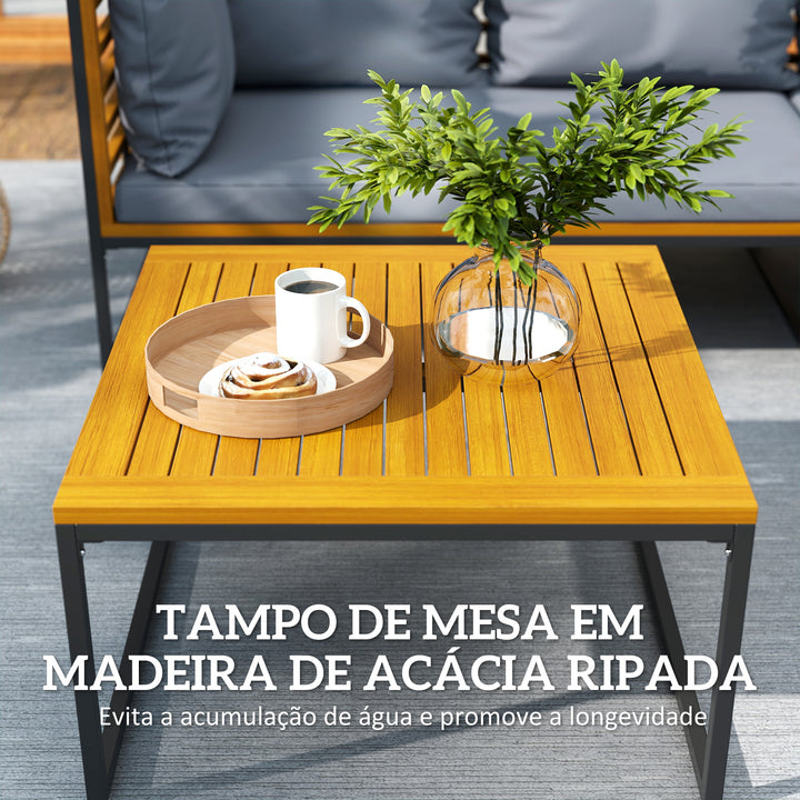Conjunto de Jardim de 4 Peças Móveis de Exterior em Forma de L com 2 Sofás de 2 Lugares Sofá de Canto e Mesa de Centro em Madeira de Acácia com Almofadas Acolchoadas Cinza e Madeira