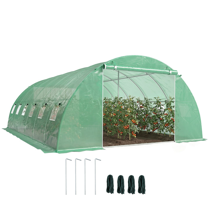 Estufa de Exterior 6x4x2 m, Estufa Tipo Túnel com 2 Barras de Suporte, Portas Enroláveis, Janelas com Rede, Cobertura de PE e Estrutura de Aço Galvanizado, Anti-UV, Impermeável, Verde