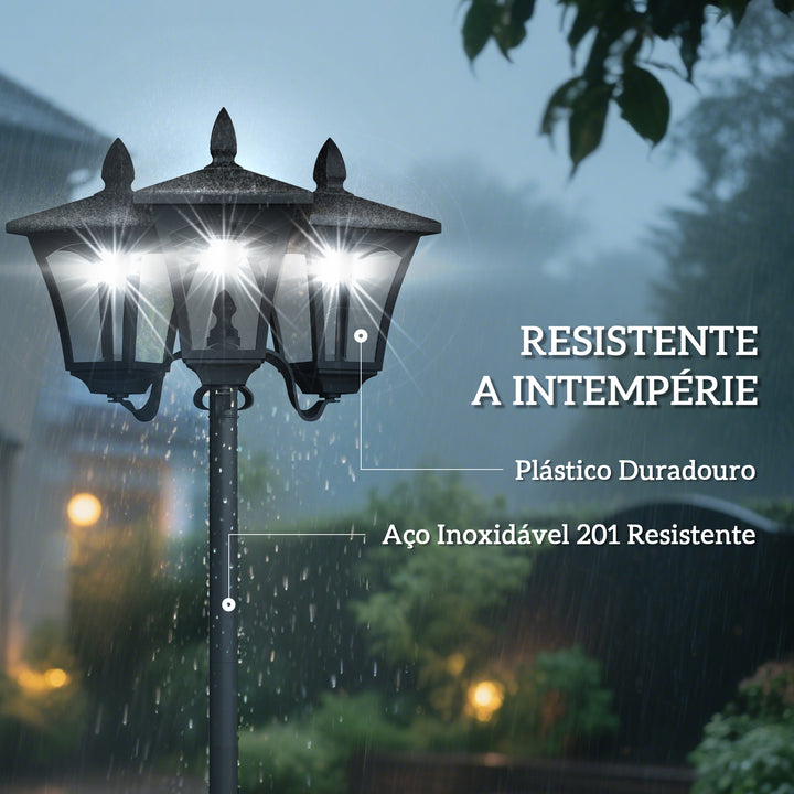 Candeeiro Solar de Jardim com 3 Luzes LED Impermeável IP44 Sensor de Noite Candeeiro de Exterior para Terraço Pátio Aço Inoxidável 51,5x47x182,5cm Preto