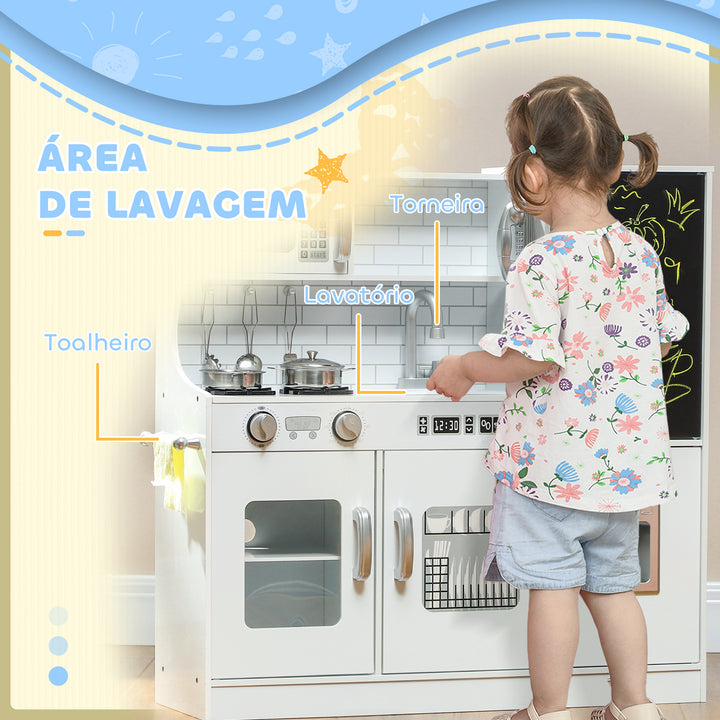 Cozinha de Brincar para Crianças acima de 3 anos Cozinha Infantil de Madeira com Acessórios Máquina de Gelo Ardósia e Telefone 83,8x26,8x81 cm Branco