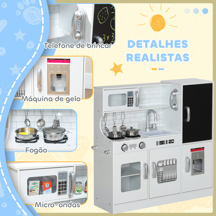 Cozinha de Brincar para Crianças acima de 3 anos Cozinha Infantil de Madeira com Acessórios Máquina de Gelo Ardósia e Telefone 83,8x26,8x81 cm Branco