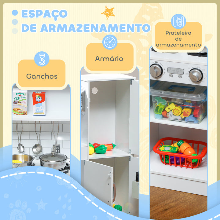 Cozinha de Brincar para Crianças acima de 3 anos Cozinha Infantil de Madeira com Acessórios Máquina de Gelo Ardósia e Telefone 83,8x26,8x81 cm Branco