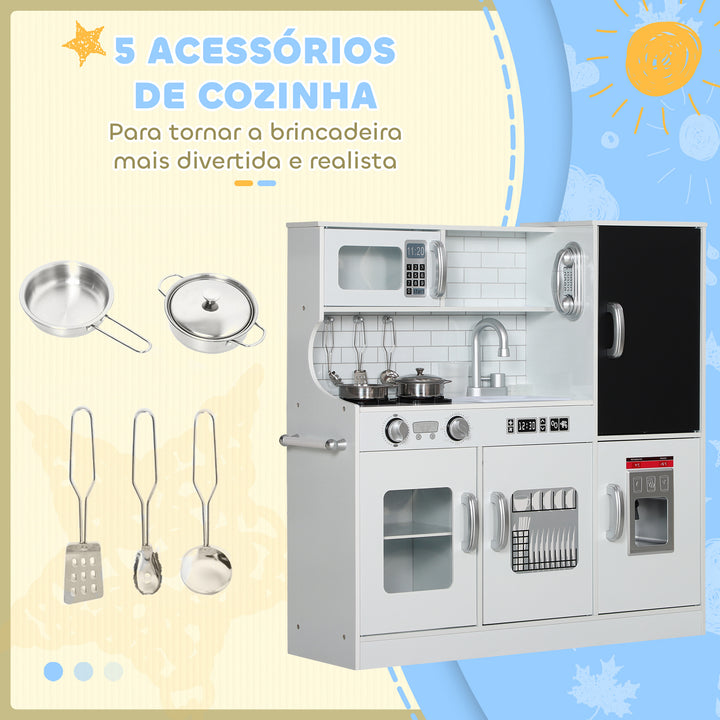 Cozinha de Brincar para Crianças acima de 3 anos Cozinha Infantil de Madeira com Acessórios Máquina de Gelo Ardósia e Telefone 83,8x26,8x81 cm Branco