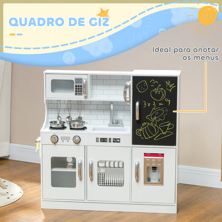 Cozinha de Brincar para Crianças acima de 3 anos Cozinha Infantil de Madeira com Acessórios Máquina de Gelo Ardósia e Telefone 83,8x26,8x81 cm Branco