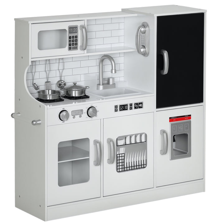 Cozinha de Brincar para Crianças acima de 3 anos Cozinha Infantil de Madeira com Acessórios Máquina de Gelo Ardósia e Telefone 83,8x26,8x81 cm Branco