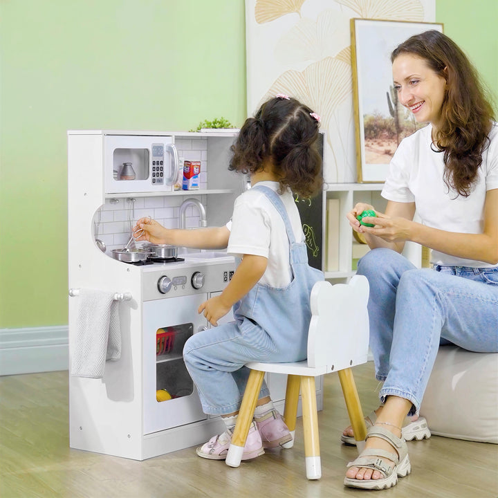 Cozinha de Brincar para Crianças acima de 3 anos Cozinha Infantil de Madeira com Acessórios Máquina de Gelo Ardósia e Telefone 83,8x26,8x81 cm Branco