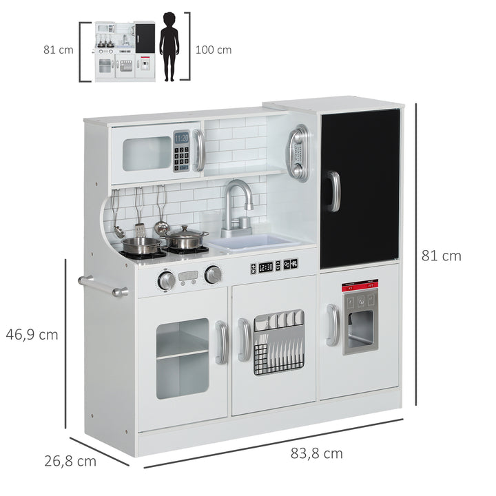 Cozinha de Brincar para Crianças acima de 3 anos Cozinha Infantil de Madeira com Acessórios Máquina de Gelo Ardósia e Telefone 83,8x26,8x81 cm Branco