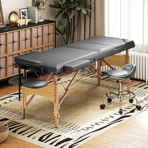 Marquesa de Massagem Dobrável Portátil Marquesa Estética Profissional em Madeira de 3 Zonas com Altura Ajustável Apoio de Cabeça Apoios de Braço Acolchoados 215x60x64-89 cm Cinza
