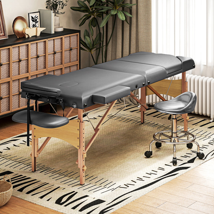 Marquesa de Massagem Dobrável Portátil Marquesa Estética Profissional em Madeira de 3 Zonas com Altura Ajustável Apoio de Cabeça Apoios de Braço Acolchoados 215x60x64-89 cm Cinza