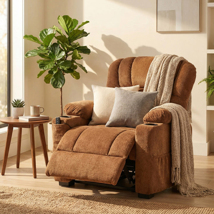 Poltrona Relax Reclinável Elétrica, Poltrona Silenciosa de Veludo com Função Memória, Apoio para os Pés, Comando à Distância, Bolsos Laterais, Porta USB, Suporte para Copos, Encosto Concha, Castanho