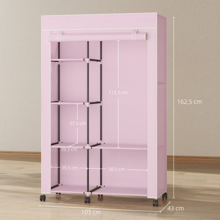 Roupeiro de Tecido Dobrável Armário de Roupa Portátil com 6 Prateleiras 1 Barra de Pendurar e Rodas para Dormitório Vestidor 103x43x162,5 cm Rosa