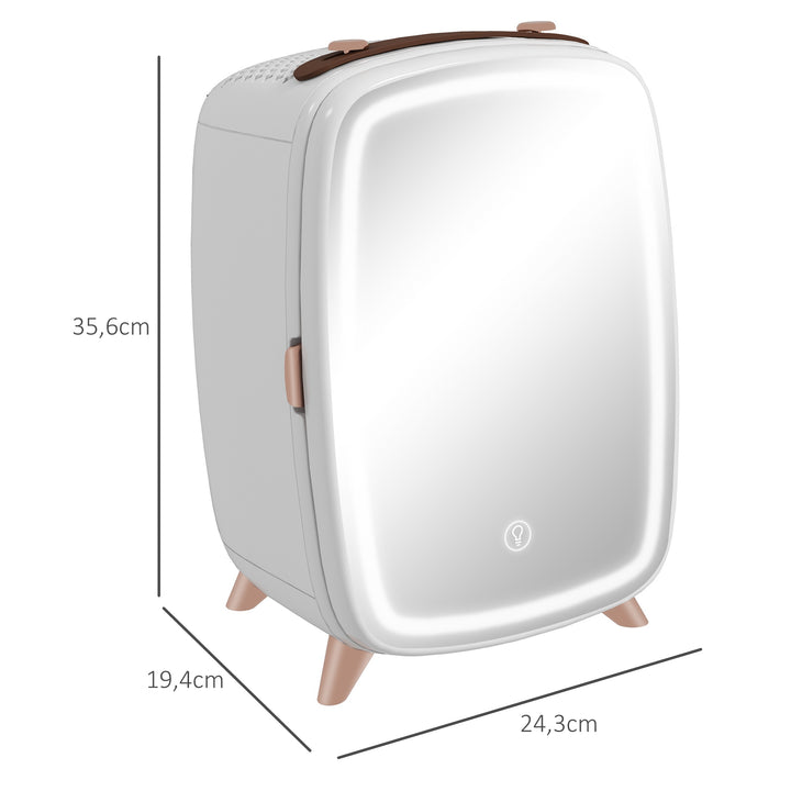 Mini Frigorífico de Cosméticos 6L Frigorífico de 9V com Porta com Espelho e Luz LED Ajustável em 3 Níveis para Beleza Maquilhagem Bebidas 24,3x19,4x35,6 cm Branco