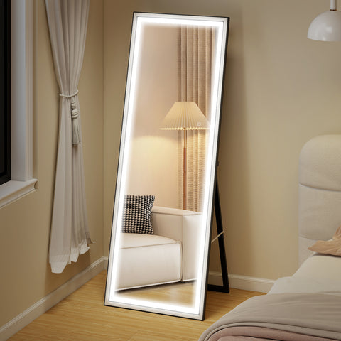 Espelho de Pé Espelho de Corpo Inteiro com Luzes 165x60 cm 3 Temperaturas de Cor Brilho Ajustável Independente ou de Parede para Quarto e Sala Branco e Preto