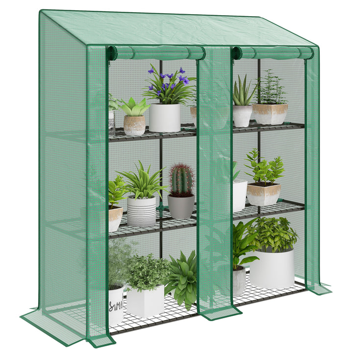 Estufa de Jardim de 3 Níveis Estufa de Terraço com Prateleiras Teto Inclinado e 2 Portas com Fecho de Correr para Cultivo de Plantas em Pátio 143x46x141/151 cm Verde