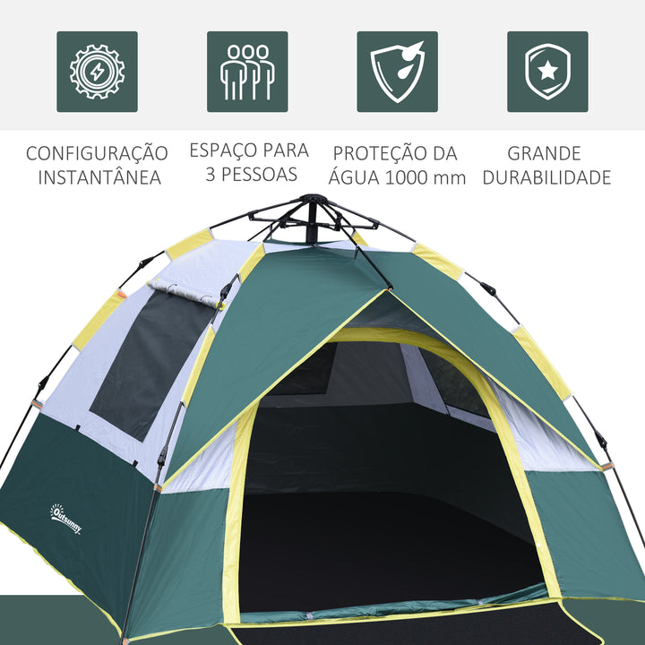 Tenda de Campismo para 3 Pessoas Tenda de Campismo Dobrável com 1 Porta 3 Janelas Bolsa de Transporte e Abertura Automática para Praia Parque 205x195x135 cm Verde