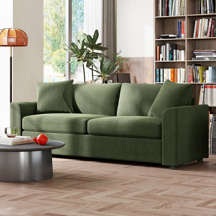 Sofá de 3 Lugares Sofá Sala de Estar 212x80x88 cm Estofado em Veludo Canelado com 2 Almofadas Apoios de Braço e Almofada de Molas Desenho Moderno para Sala de Estar Quarto Verde
