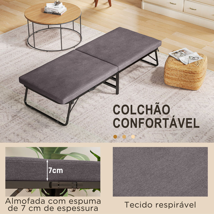 Cama Dobrável 70x180 cm com Colchão de Espuma Cama Dobrável com Encosto Ajustável em 5 Posições e Rodas Cama para Convidados Carga 120 kg Marrom