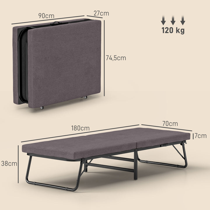 Cama Dobrável 70x180 cm com Colchão de Espuma Cama Dobrável com Encosto Ajustável em 5 Posições e Rodas Cama para Convidados Carga 120 kg Marrom