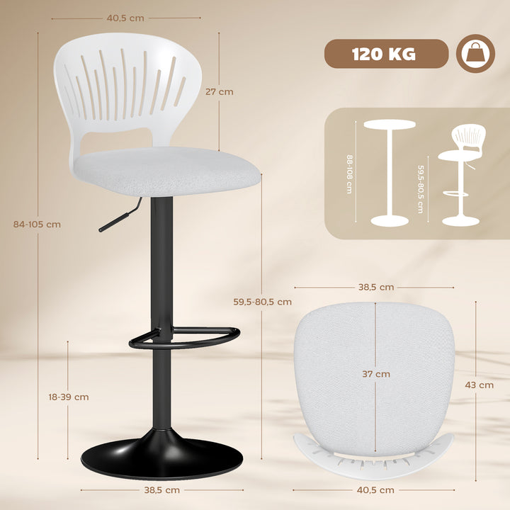 Conjunto de 2 Bancos Altos de Cozinha Giratórios a 360° Bancos de Bar Reguláveis em Altura de 84-105 cm Encosto Oco Apoio para os Pés para Sala de Jantar Balcão 40,5x43x84-105 cm Branco