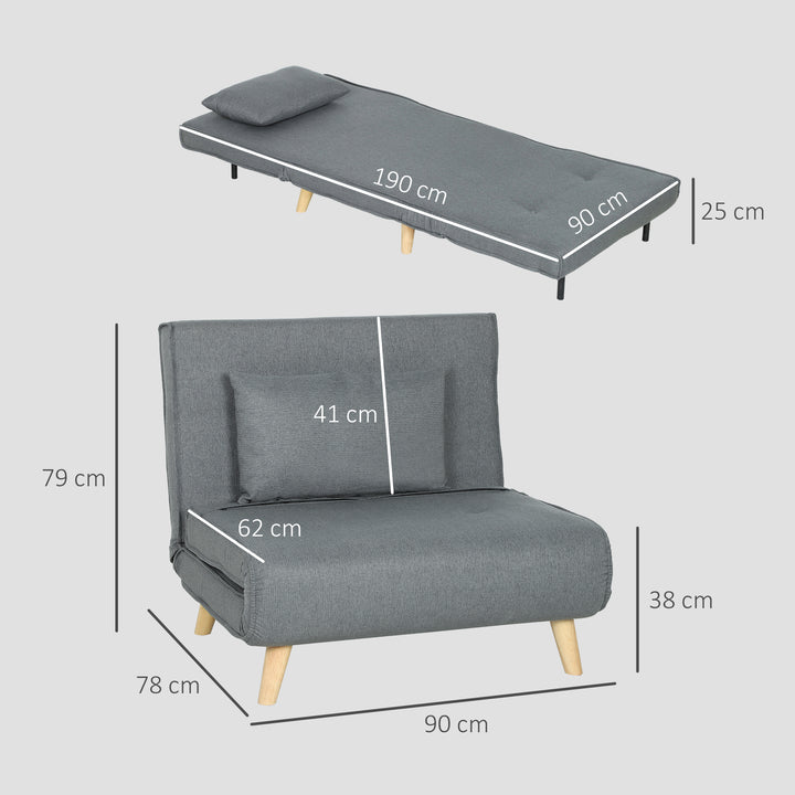 Poltrona 2 em 1 Sofá Cama Individual Dobrável com Encosto Ajustável e Almofada para Sala de Estar Dormitório Escritório Carga 125 kg 90x78x79 cm Cinza