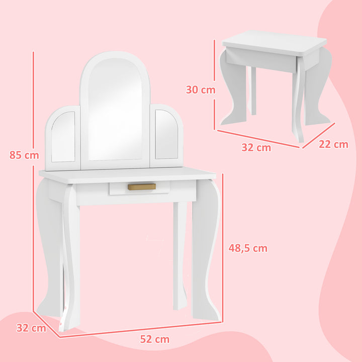 Toucador para Crianças com Espelho e Banco Toucador de Maquilhagem para Crianças de 3 a 6 Anos Toucador Infantil de Madeira com Gaveta 52x32x85 cm Branco