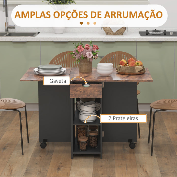 Mesa de Cozinha Dobrável Mesa de Sala de Jantar com Rodas Laterais Rebatíveis Gaveta e Prateleiras Mesa Dobrável para 2-4 Pessoas 120x72x75 cm Madeira e Branco