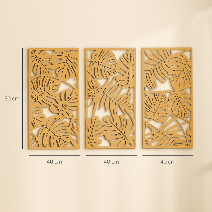 Decoração de Parede de Madeira 3D 3 Peças 40x80 cm Adornos de Parede com Padrão de Folhas Tropicais Arte Moderna para Sala Quarto Corredor Madeira Natural