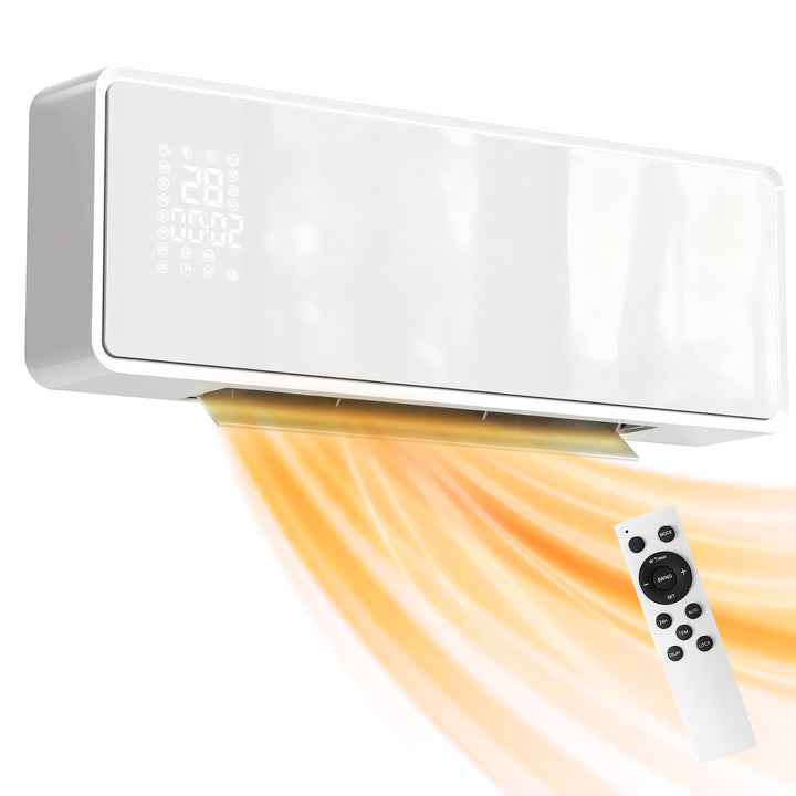 Aquecedor Elétrico de Baixo Consumo Cerâmico de Parede 2000W com 3 Modos Ecrã LED Termostato Temporizador Oscilação Controlo Remoto Detecção de Janelas Abertas e Painel de Vidro 54x18,7x12,3 cm Branco