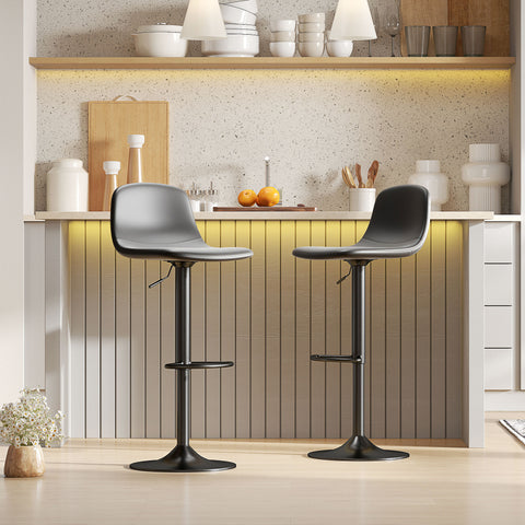 Conjunto de 2 Bancos de Bar Bancos Altos de Cozinha Reguláveis em Altura 84-104 cm com Encosto e Apoio para os Pés Estofadas em PU Giratórias em 360° para Sala de Jantar Varanda Preto